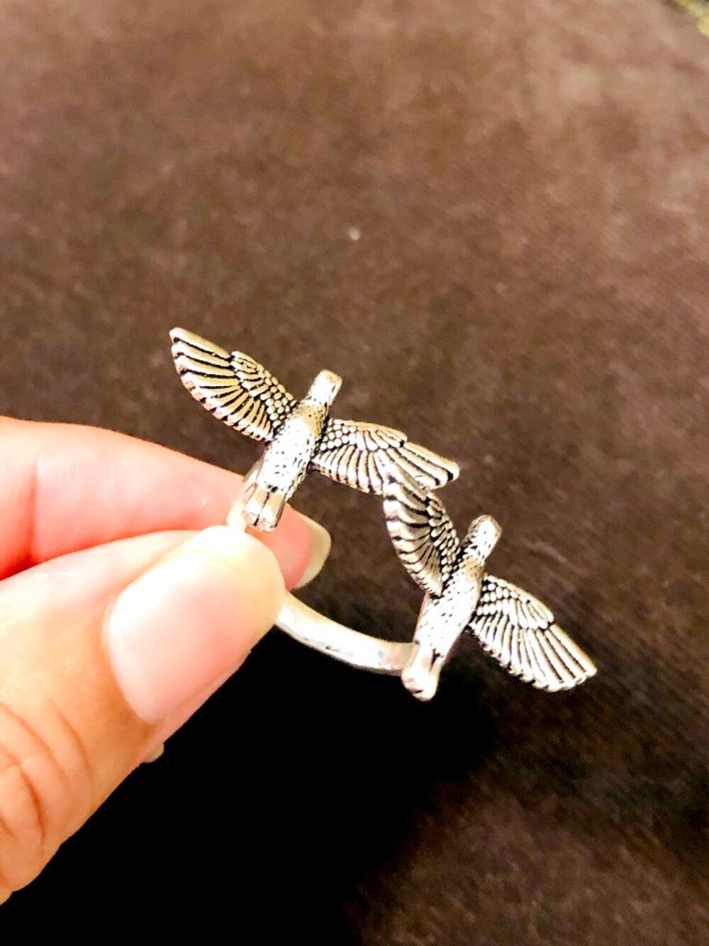 Bird Ring in Silver Tone Brass Flying Birds Size 7.5 to 8